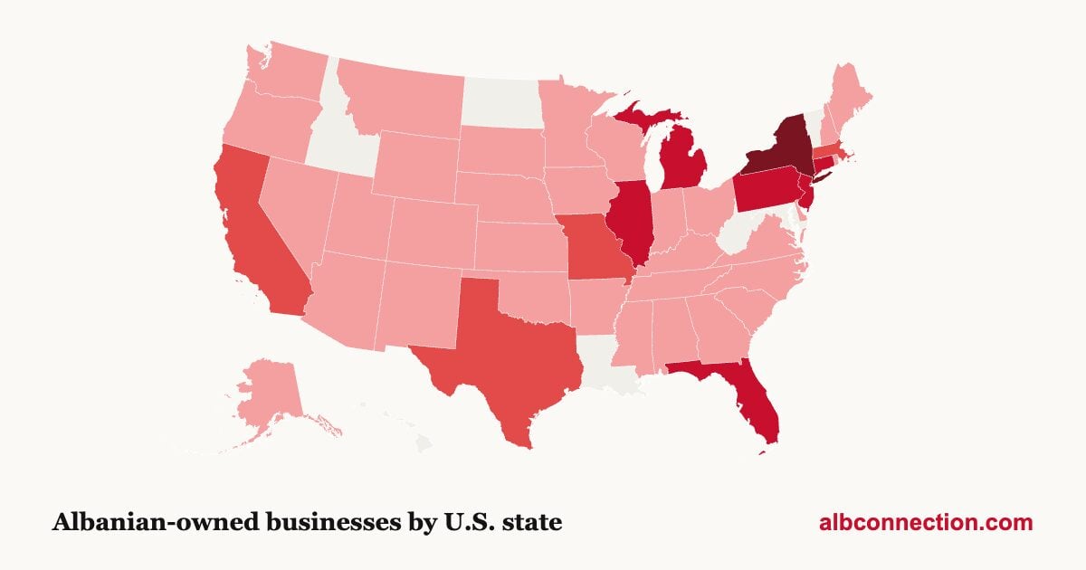 Map of Albanian-owned businesses by U.S. state from the ALB Connection directory
