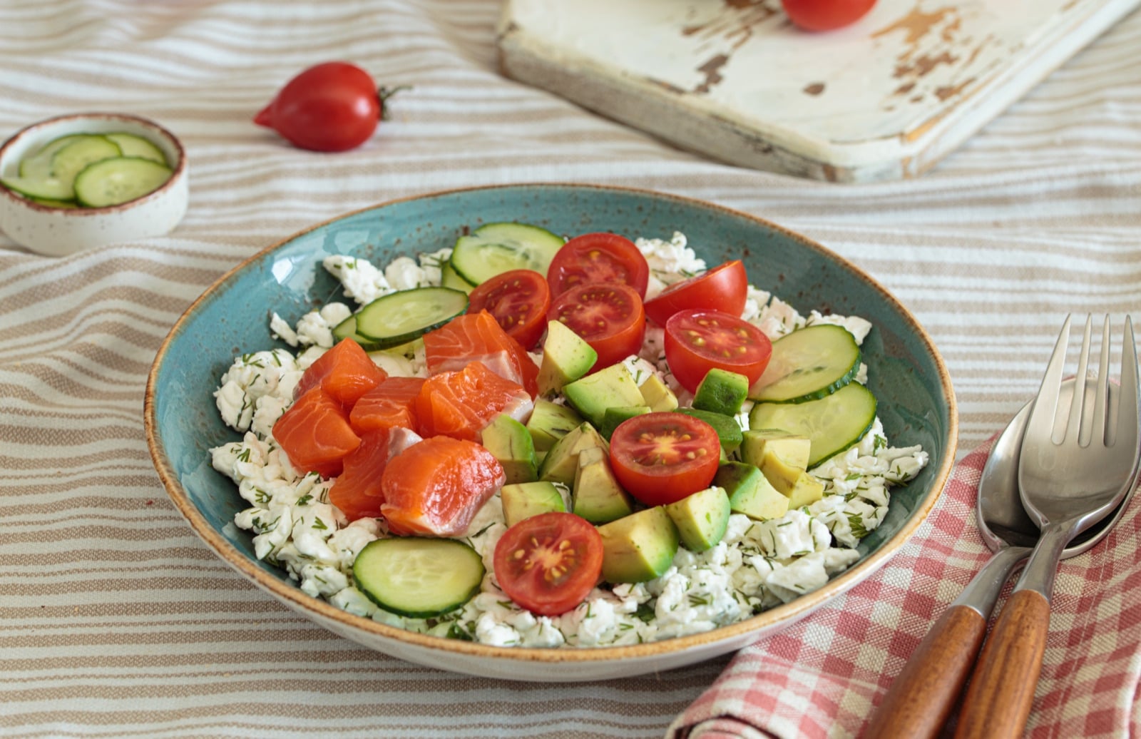 Bowl of tomato, cucumber and white cheese salad, the style of the Albanian village salad