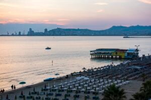 Beach at sunset in Durrës, Albania, the ancient port city once called Epidamnos and Dyrrachium