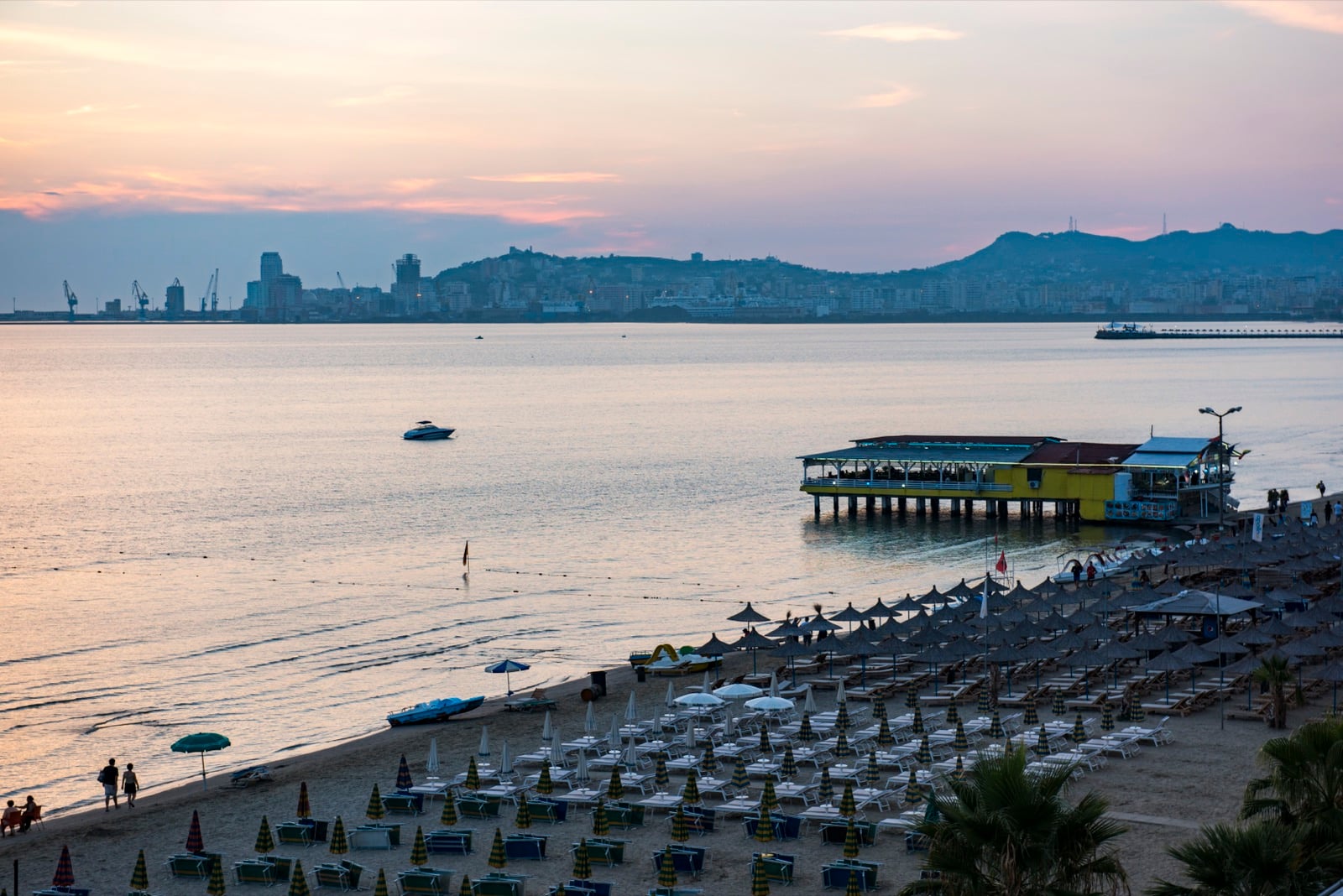 Beach at sunset in Durrës, Albania, the ancient port city once called Epidamnos and Dyrrachium
