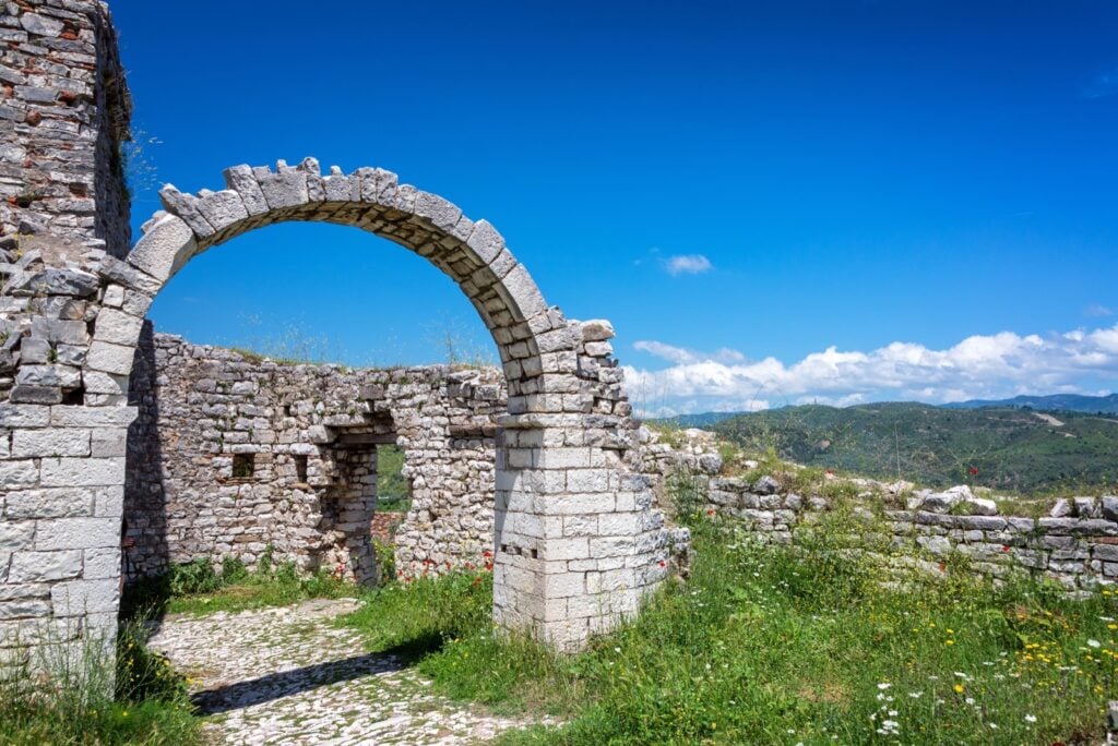 Stone arch in the historic ruins of Gjirokastër Castle, Albania