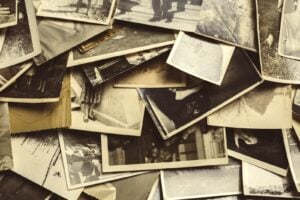 Stack of vintage family photographs used for tracing ancestry and family history