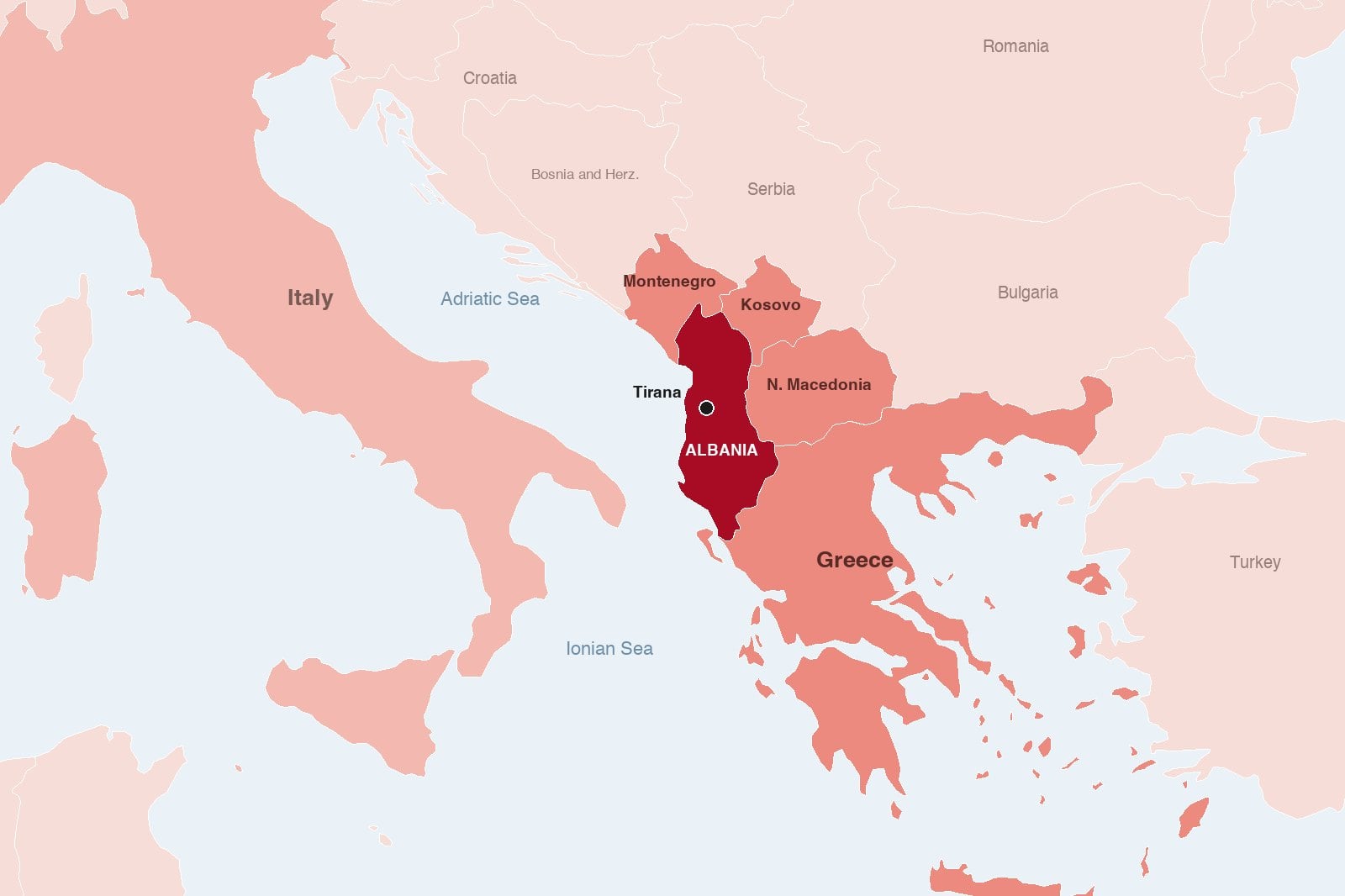 Map showing where Albania is in southeastern Europe, bordered by Montenegro, Kosovo, North Macedonia and Greece, with Italy across the Adriatic Sea