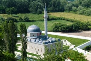 Xhamia e Plumbit, the Lead Mosque of Shkodër, Albania, with its lead-covered domes and minaret after restoration