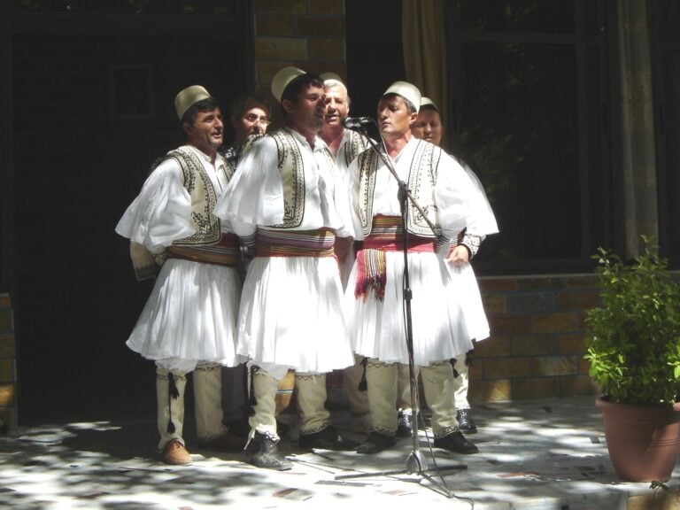 A traditional male folk group in fustanella singing polyphonic song in the Skrapar area of southern Albania
