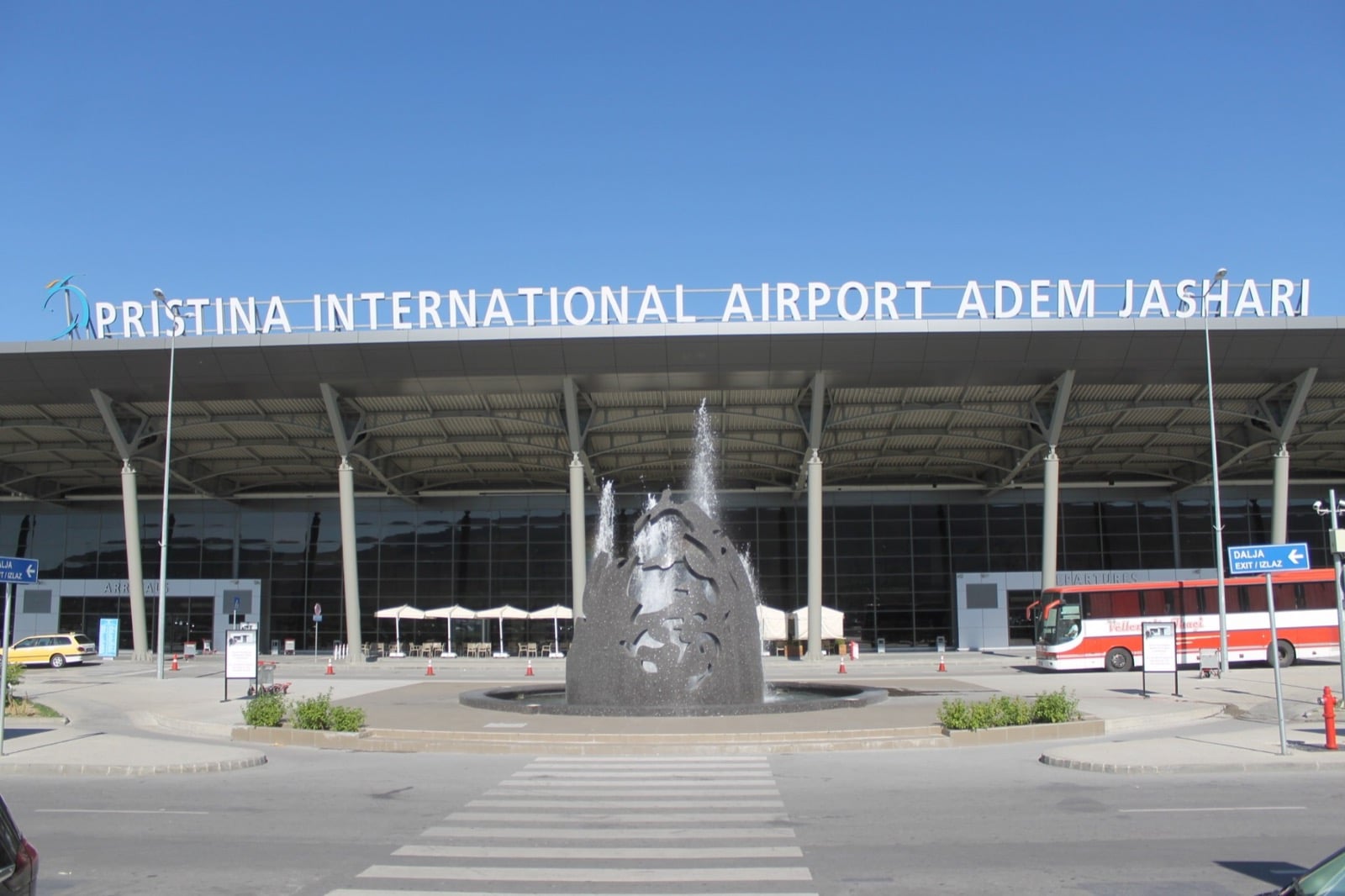 Front of the terminal at Prishtina International Airport Adem Jashari in Kosovo
